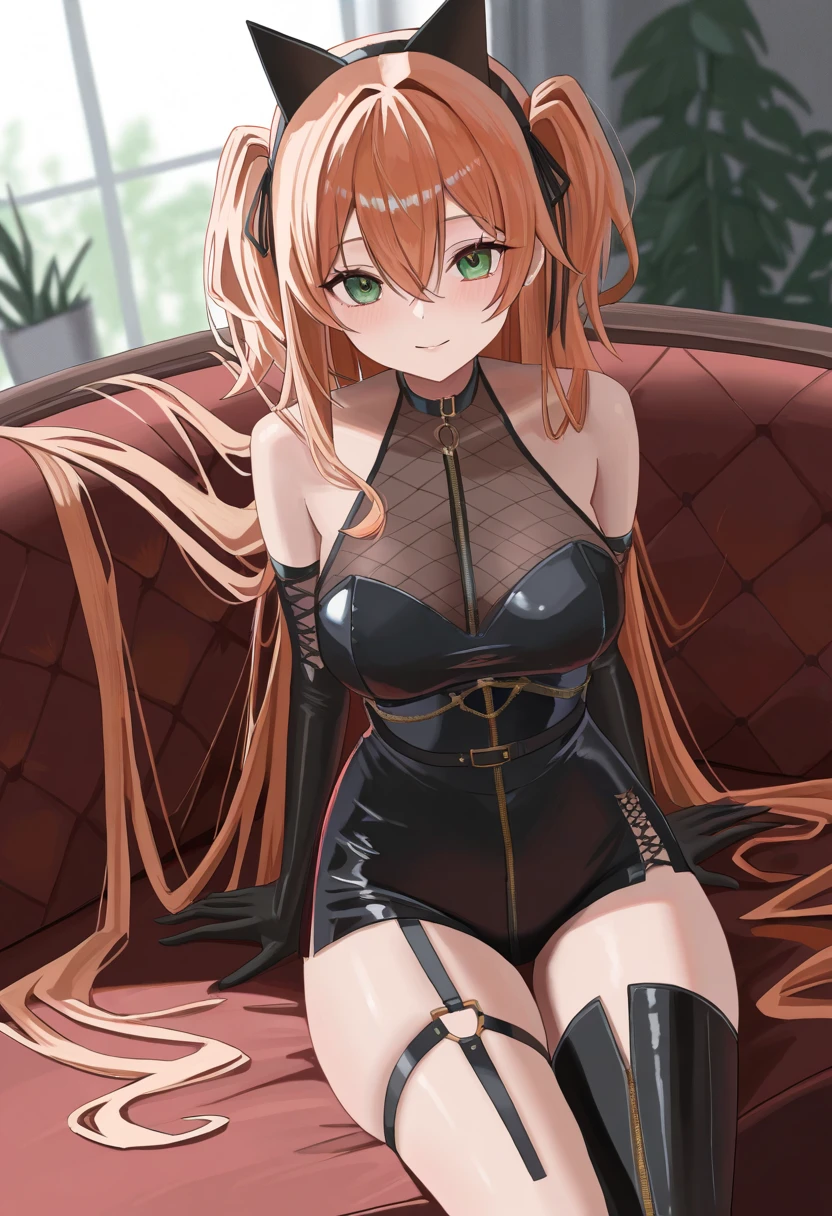 Jeune femme de 25 ans, visage fin, cheveux long, yeux marrons, HD, 8K, masterpiece, sourire romantique, sexy, costume de chat, full cat suit, oreilles de chat, queue de chat