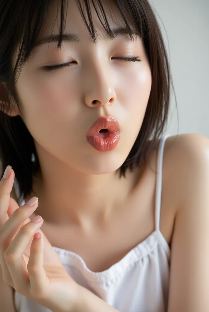 ((natural day light、best qualiy、8k、A masterpie:1.3))、selfee、1 female、Beautiful woman with slender abs:1.4、(Brown hair、C Cup)、bikinis:1.2、White sofa、all on fours、spread leg、Super detailed face、detailedeyes、Double eyelidd、Side Shot、White liquid in the mouth