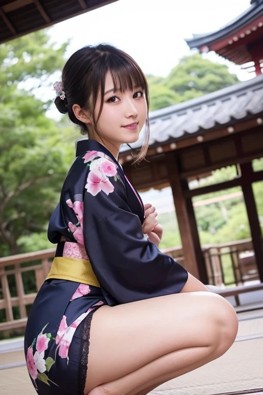 Pure Japanese yukata girl, sexual attractive, outstanding body, beautiful legs, wearing traditional yukata, traditional hairstyles, sweet smile, sitting, refreshing in early summer,