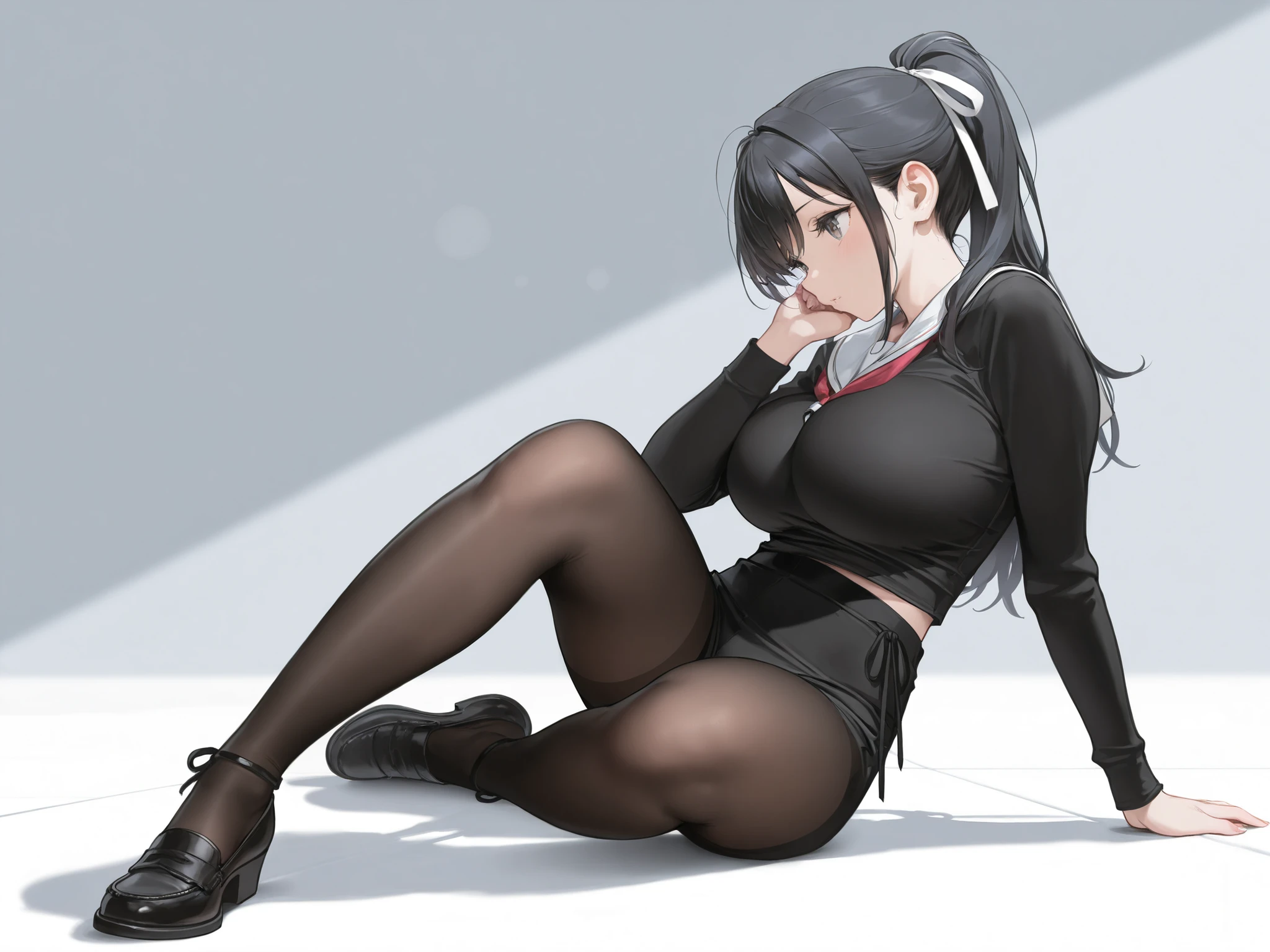 full body, wide shot, dynamic angle, absurdres,original,extremely delicate and beautiful,beautiful detailed eyes and face,1girl, sitting, crossed legs, black_hair, twintails,  looking_at_viewer, solo,(masterpiece:1.4),(best quality:1.4), sweater, open jacket, pencil skirt, scarf, medium breasts, red eyes, very long hair, (black pantyhose:1.2), blunt bangs, black leather thigh boots, sugar_botz, --auto --s2