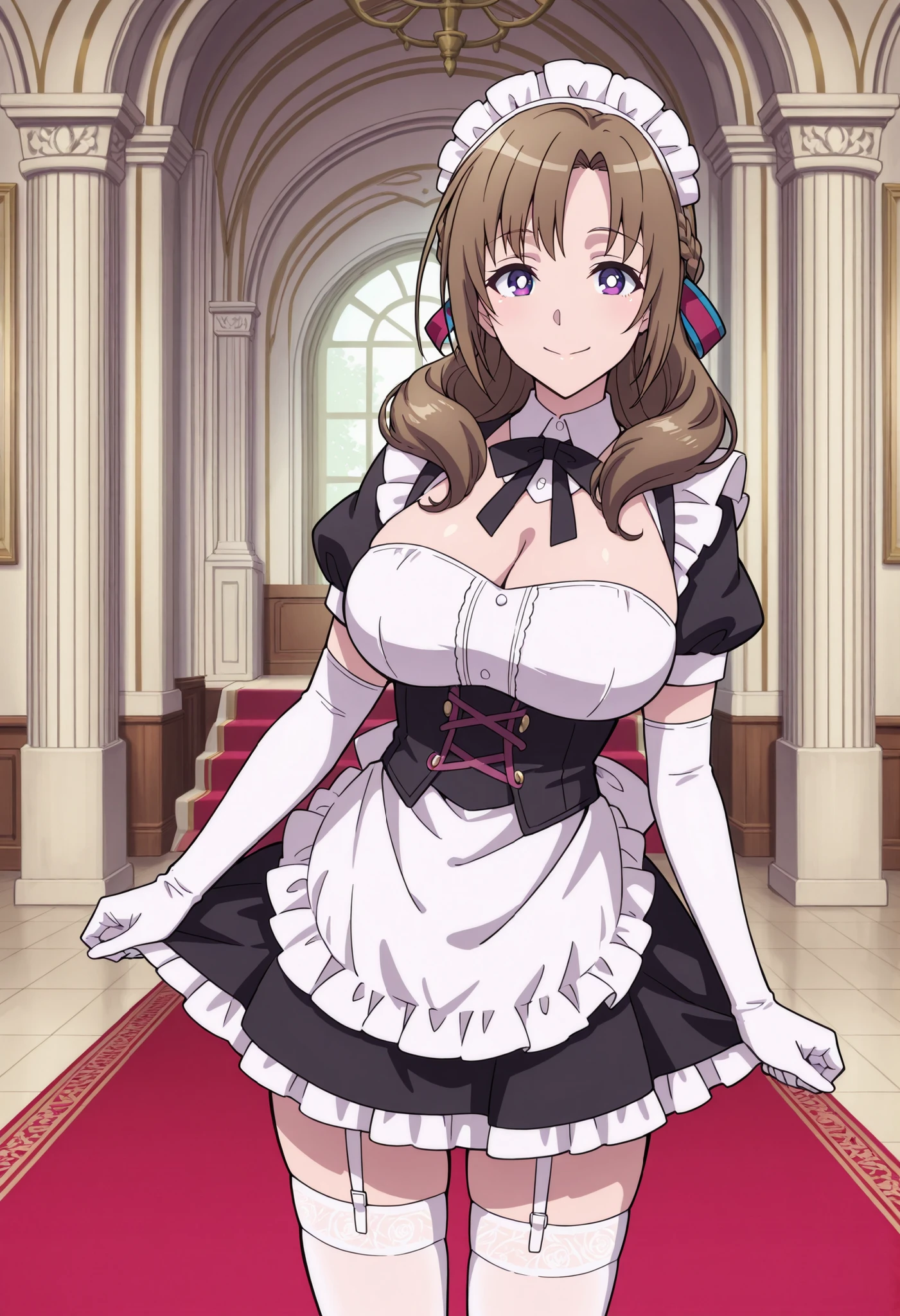 Score_9, score_8_up, score_7_up, source_anime, Mamako OOSUKI, solo, bronze hair, long_hair, hair ribbon, multicolored ribbon, braid, purple_eyes, huge_breasts, (best quality), (high quality), {masterpiece}, extremely delicate and beautiful, ultra-detailed, beautiful detailed eyes, maid, black maid costume, short sleeves, puffy sleeves, white headdress, white frilled apron, white elbow gloves, white thighhighs, mansion, indoor, smile, closed mouth, standing