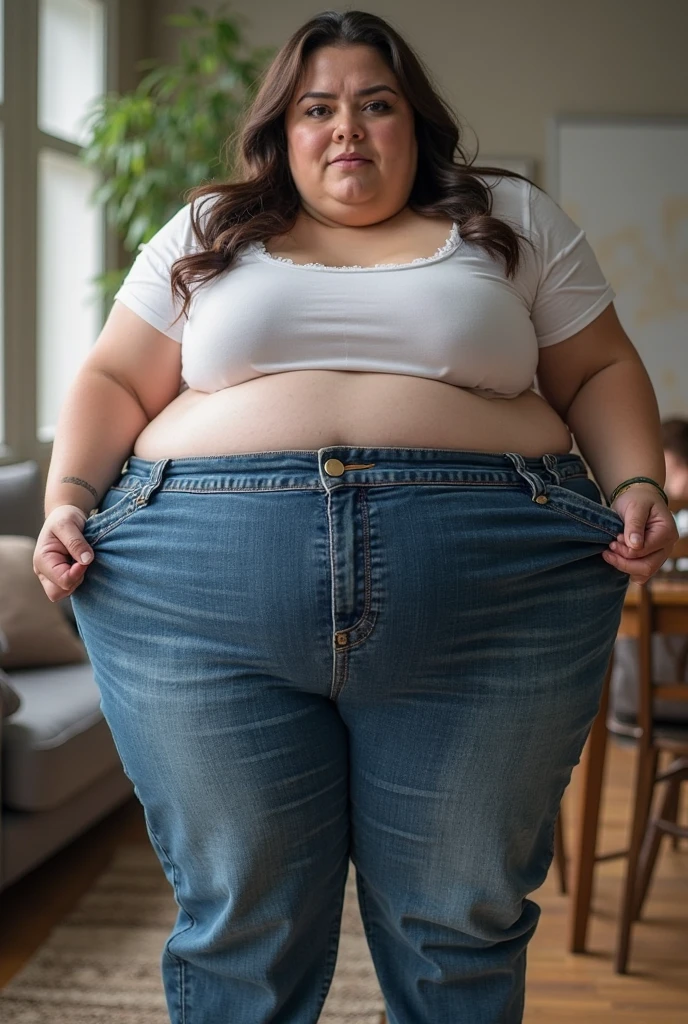 pregnant woman in top and pants reaching out, large round belly, thick and round belly, chubby woman, chubby belly, big belly, folds of abdominal flap, chubby, large belly, curvy woman, pregnant belly, portrait of a chubby woman, a chubby