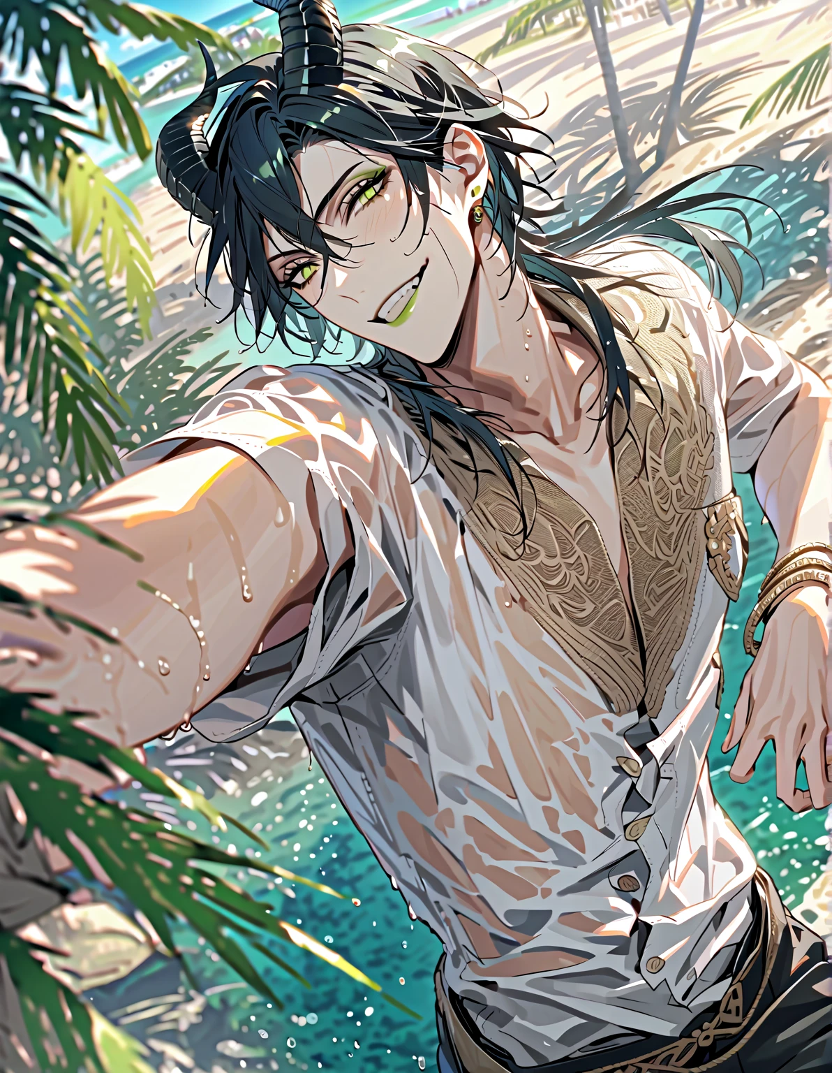 ((masterpiece:1.4, best quality)), (Ultra detailed background), 1boy, handsome man, highly detailed beautiful face and eyes, white hair, beautiful eyes, (sharp detail:1.3), shiny, earrings, bracelet, (wet clothes:1.3), Shirts, Bari, Cebu Island, plumeria, near the beach, stretch,lie on one's back, dynamic angle, malleus draconia (twisted wonderland) horns, bishounen, boy, male, yana Toboso style, long hair, black hair, yellow green eyes, smile, gray lips, handsome, skinny, tall, yellow green glow,
