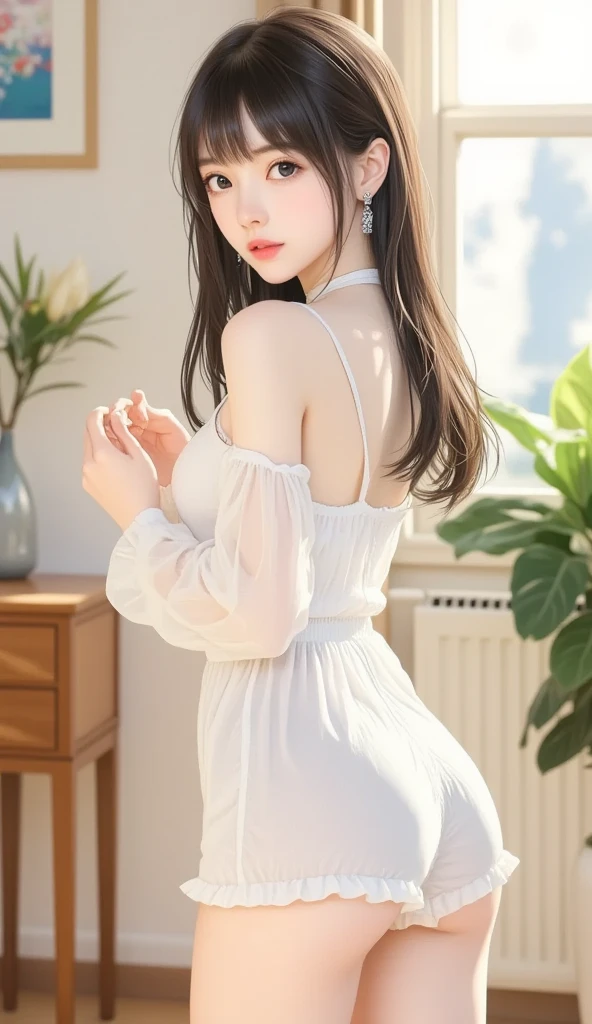 (highest quality, 8k, 32k), masterpiece,(Ultra-high resolution,Realistic:1.4,RAWphotograph), (Very detailed,Caustics),front,whole body,sexyなphotograph,One girl, Big Breasts, Big Breasts, Japanese, Black Hair, bangs, Long Hair (Long Hair: 1.4), Beautiful eyes in every detail, Long eyelashes, Narrow eyes, Elongated eye shape, Dark Eyes, With an evil smile, Wearing white off-the-shoulder, bottomless, Accentuate your butt, Big Ass, Round Hips, Big Ass, Covered and facing away from the camera , sexy, Big Breasts, Supermodel with a very deep tan, Beautiful Face, blue eyes, Detailed body, Perfect Eyes, HDR for the perfect face, Photorealistic, photograph, 8k, highest quality, Browsing Caution,nsfw,Nipples,Pussy,