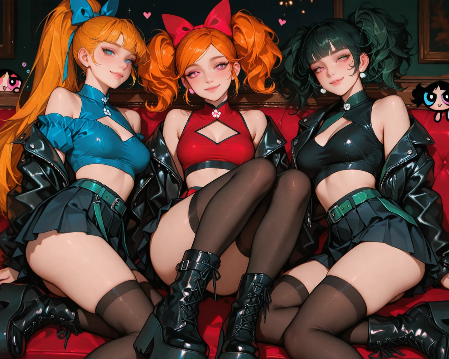 five sexy women in goth outfits, on bed, flustered smiles, close up faces portrait, sunglasses, black lipstick, short curly auburn, orange and red hair