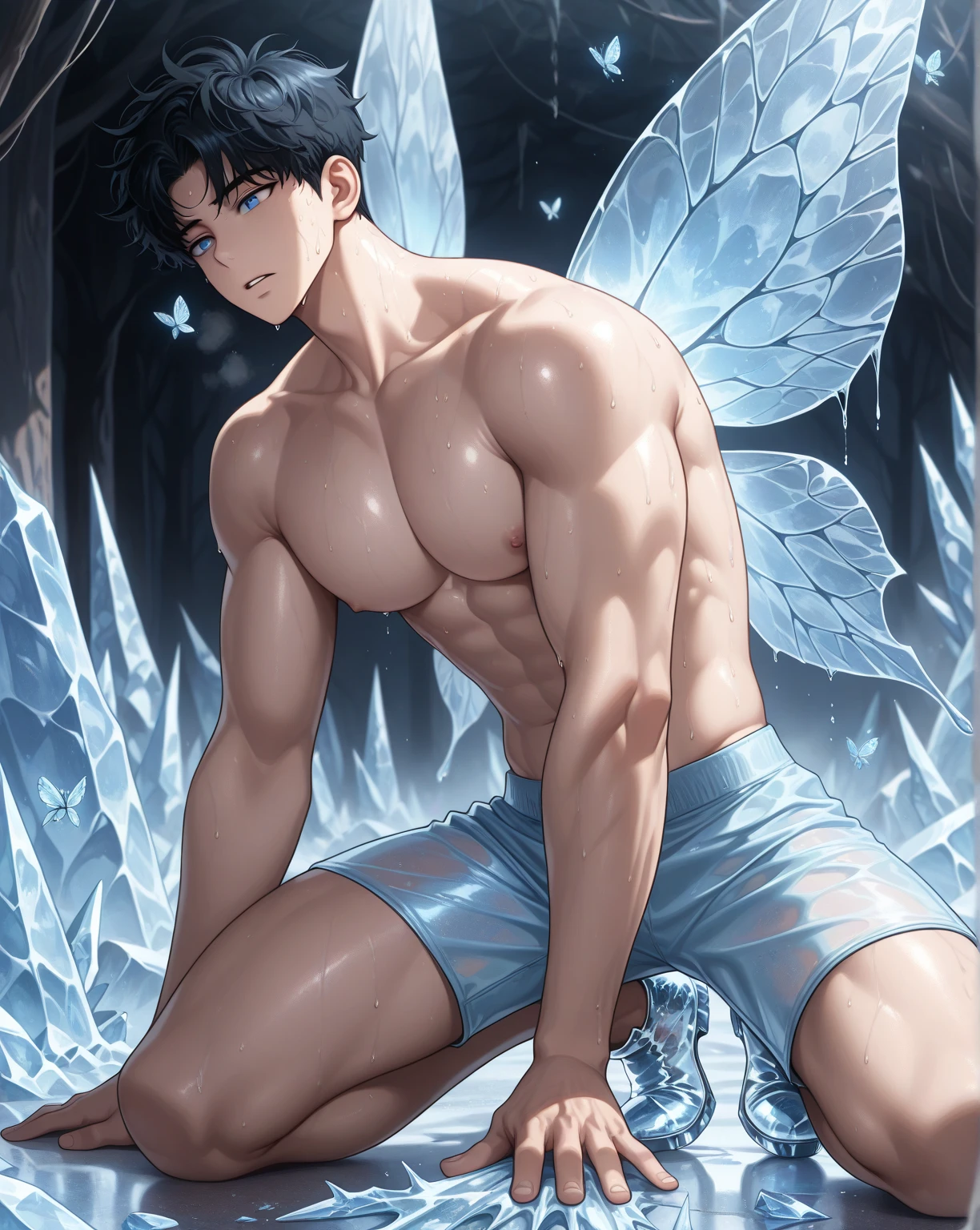 (masterpiece, best quality),Male children,nakeness,A pink-haired,A young boy with,younge boy,???'s face,adolable,infancy,Young age,Short round face,Flat chin,children's,infancy,(???'s face),Land of Crystals,ice field,Pink belly hair,Pink chest hair,Pink pubic hair,Young age,Flat chin,The body is covered with black feathers,Fine face in detail,Clean skin,White men's briefs,musculous,pink short hair,Bright Hair,White eyes,Keep your eyes wide open,nakeness,White briefs,White briefs,Pectoralis abdominal muscles,being thin,Strong and well-developed muscles,Butterflies with feather-like wings shimmer with crystal-like brilliance,Bright and vivid colors,(depth of fields:1.2),Positive audience,looking at viewert,Black feathers fall on the body,the night,Holy,Light-sensitive,byself