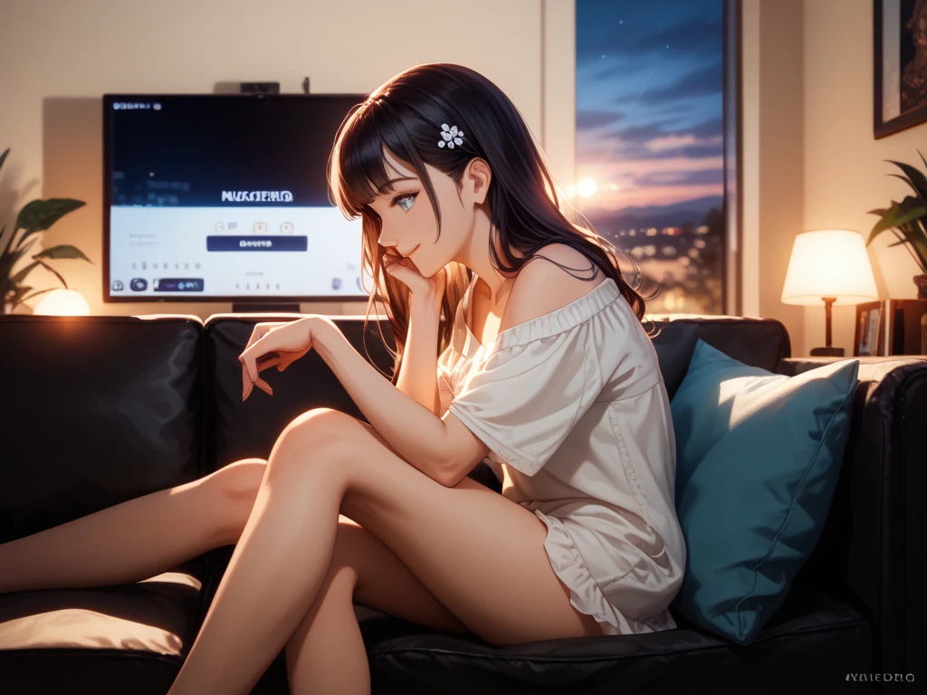 Create a high-quality, detailed image of a beautiful anime cat gamer girl with long hair, striking eyes, and intricate tattoos. She is seated at her gaming PC in an inviting gaming lounge. She wears a tank top and sleep shorts that reveal her midriff and highlight her stunning curves. The scene is bathed in soft, ambient lighting, creating a warm and intimate atmosphere. Comfortable seating and a small lamp add to the serene setting, making it a perfect space for gaming and relaxation. The overall ambiance should reflect a high-quality, cozy gaming lounge.