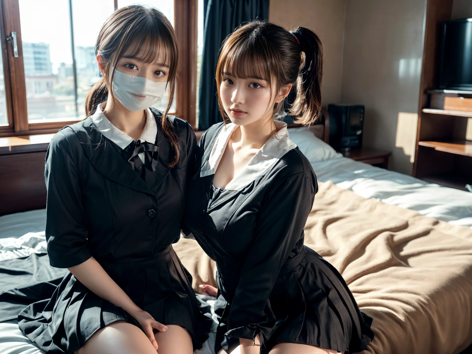 Girl  with a vibrator, Put a vibrator through your skirt and into your crotch、junior high school student with too big, 15 years old, sleeping on bed, plump, closing eyes, falling down, yawning, excitement, mask,Very slim girl、Spread your legs wide
