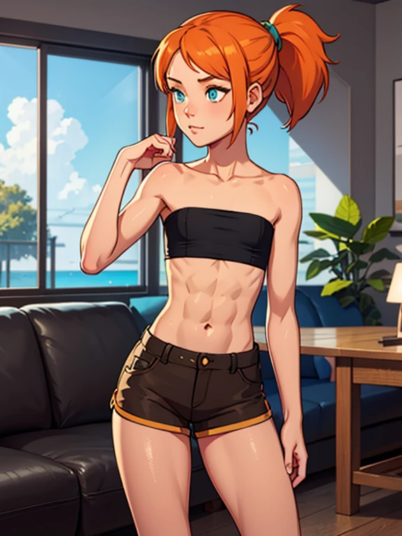 ((best quality)), ((masterpiece)), (detailed), (tanned skin), perfect face, one girl, Young elf girl, wide ????, small ???????, slender body, big thighs, beautiful legs, medium orange hair,  green eyes, wearing black tank top, jeans pants, heels boots with ponytail, relaxed pose, smiling , indoors background