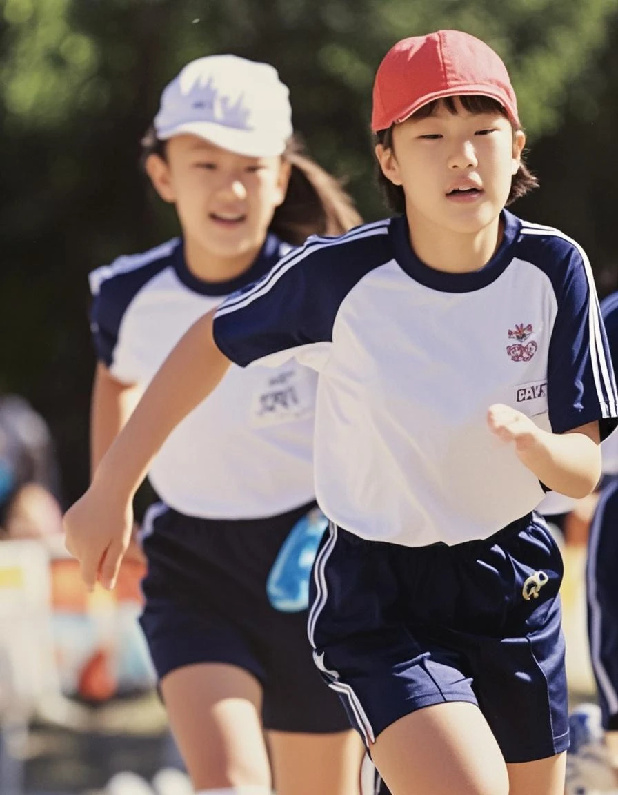 夏休みのprimary school校、primary school5Grade、Japan Boy、hot day、A boy on the move、Short sleeve gym uniform、Blue shorts、physical education、barefoot,(Boy 1.4)、Boys only 、(10Age 1.4)