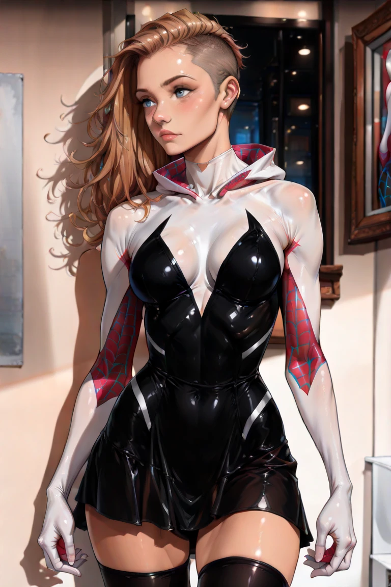 Superhero Gwen Stacy, pelo rubio, cabello corto,vender a menor precio que, asymmetrical hair, blue eyes, mejor calidad ,obra maestra, Spider web printing,traje de cuerpo,mirando al espectador, ojos extremadamente detallados , 4k , vista frontal