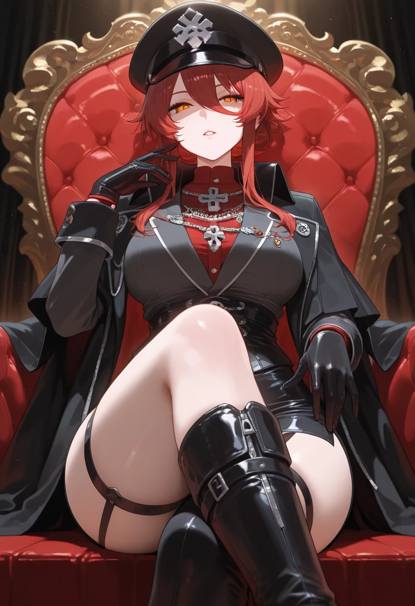 bayonetta、red hair ribbon、ponytail、long black hair、black bodysuit、big breasts、Cleavage cutouts、Sit on the sofa with your legs crossed
