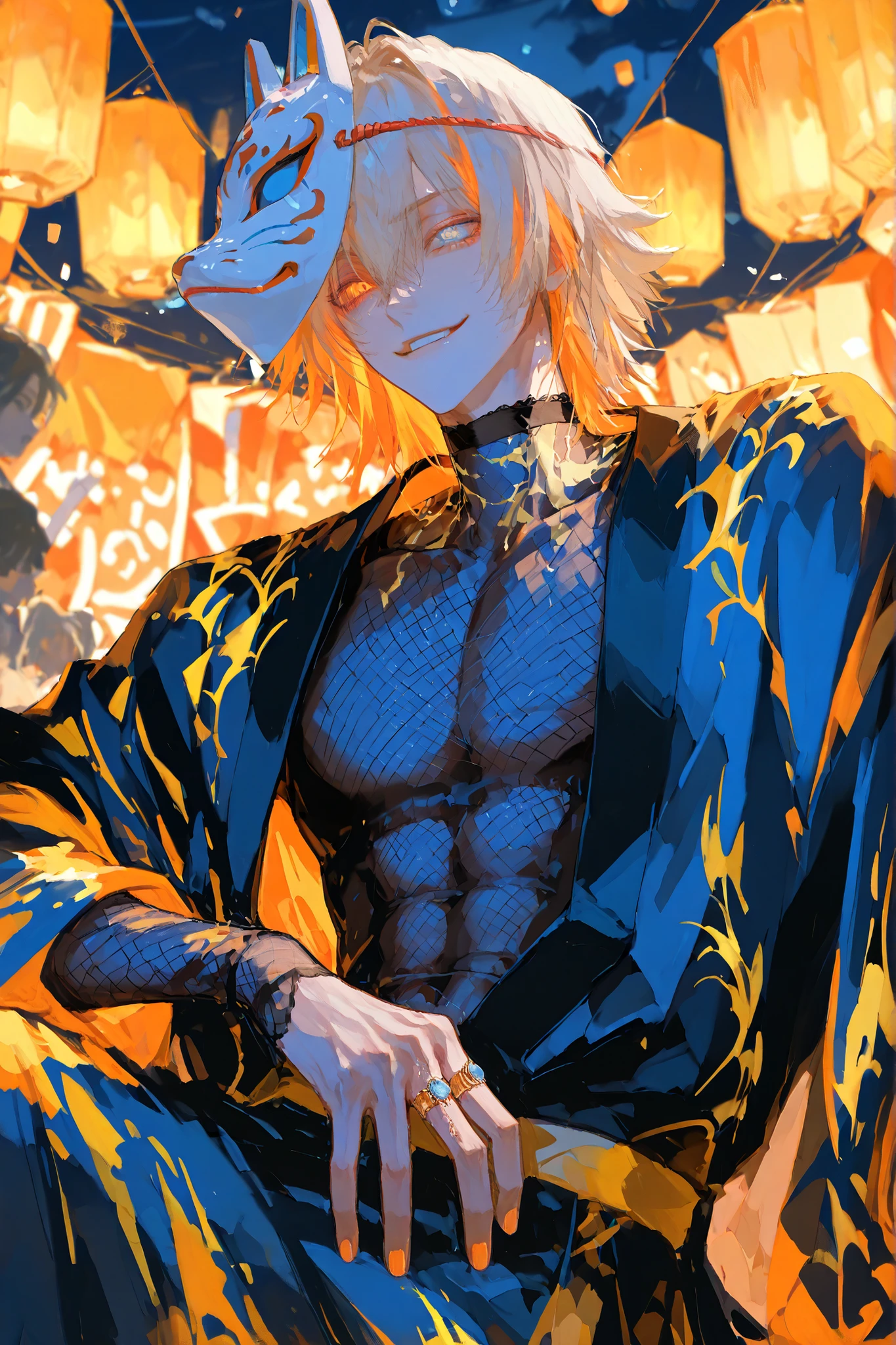 Asian man, teal eyes, gold hair, sexy sorcerer outfit, abs