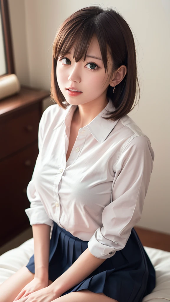 (((masterpiece))), (((Highest quality: 1.4))), ((Super detailed: 1.4)) , (Genuine;1,4), (photograph),
Japanese Office Lady, (squat), (Large Breasts), (Blouse with visible nipples), Highly detailed woman, 20-year-old, short hair, (((Roll up your skirt))), (Roll up your skirt), panties, Focus on panties, blush, cracked lips, View your viewers, (Open blouse), High heels