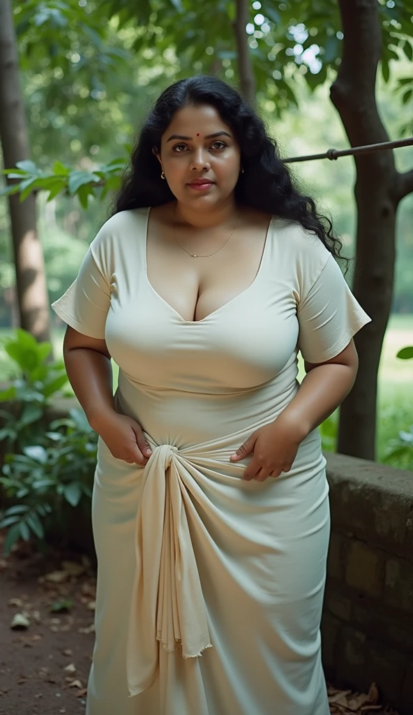 Sri lankan aunty 45 years old curvy body sexy figure fat body hairbun wearing flower pattern tight long dress taking selfi