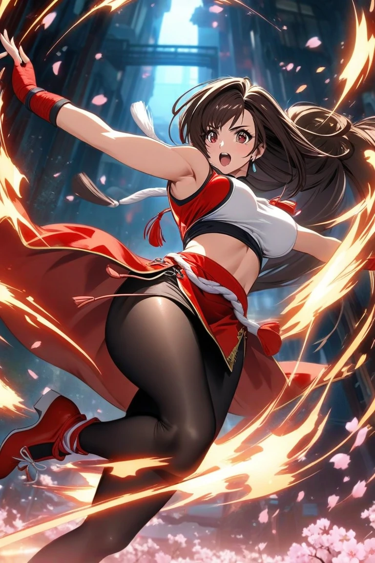 Anime Style　Beauty　masterpiece　Unreal Engine　Precision　Cute Girls　giant girl　(Mai Shiranui from a high rise building))　Brown hair ponytail　((A view from the sky)) Big fire　fire　Explosion burst into flames　Cleavage　((Destroyed city in flames)) ((Fire)) ((Destroyed buildings)) ((Destroyed cars)) ((Pile of rubble))  90's Giant Girl on the Road in the Big City Uniform Skirt ((Dim cloudy sky)) Female Giant huge girl full body Destroyed skyscrapers, destroyed cars, crowd Unreal Engine,