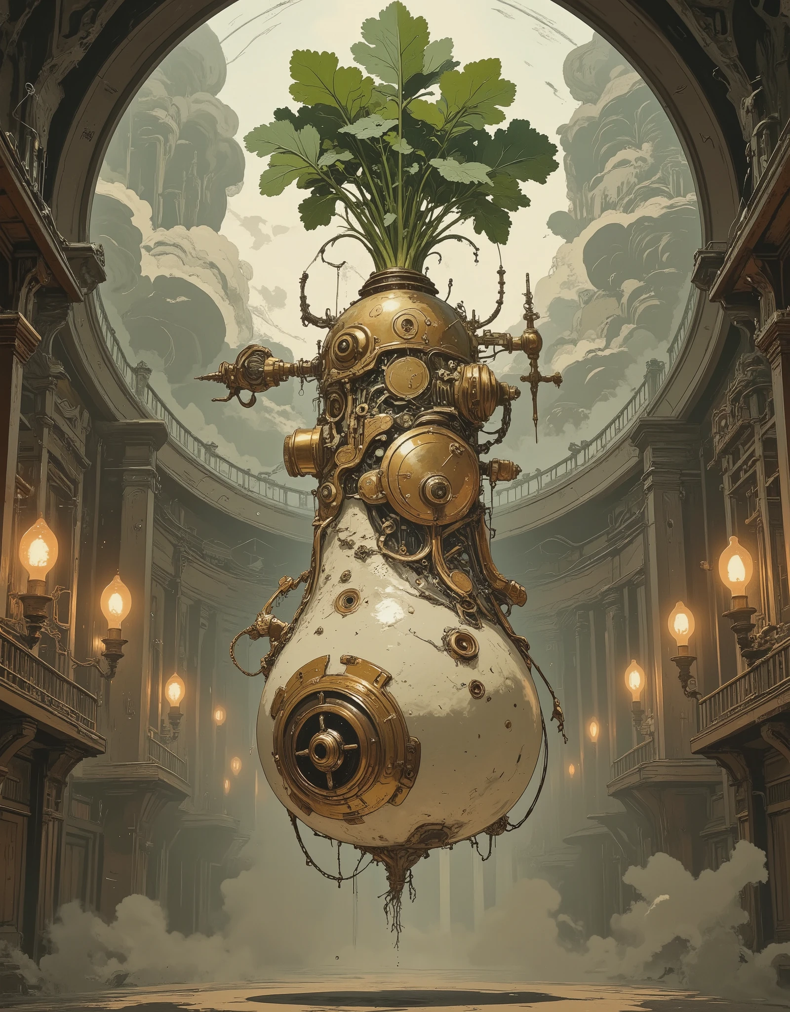A colossal daikon radish transformed into a steampunk marvel, intricate copper gears and pistons embedded in its flesh, roots entwined with chains and pressure valves. Victorian-era laboratory backdrop with gas lamps, warm lighting. Mix: hyper-realistic daikon texture + Jules Verne machinery + Ukiyo-e woodprint clouds. Style: Hayao Miyazaki meets Nikola Tesla, 19th-century botanical illustration. Sepia tones, brass and emerald color palette, cinematic depth of field. --ar 16:9 --v 6