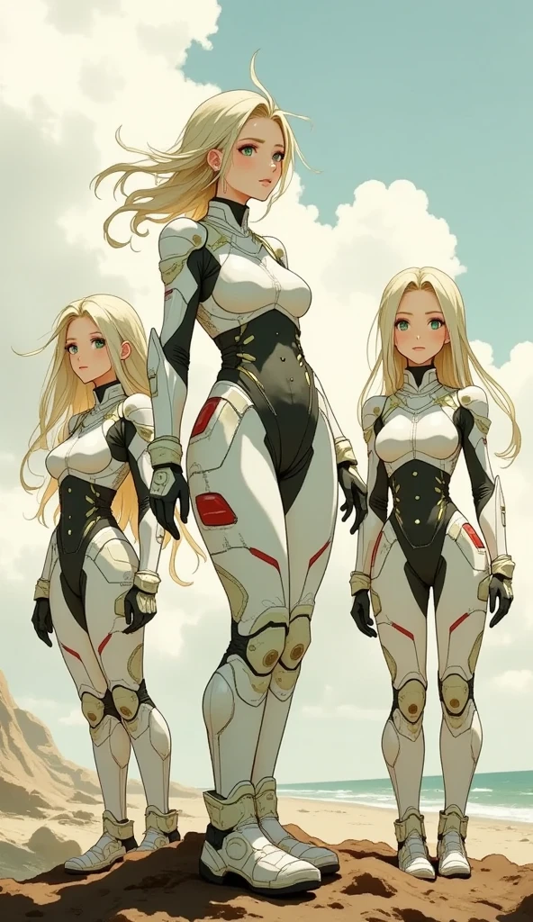 (masterpiece, best quality:1.2), cowboy shot, trio, 3girls, adora \(she-ra\), smile, looking at viewer, ponytail, bodysuit, triplets, clones, standing in a row, standing at attention