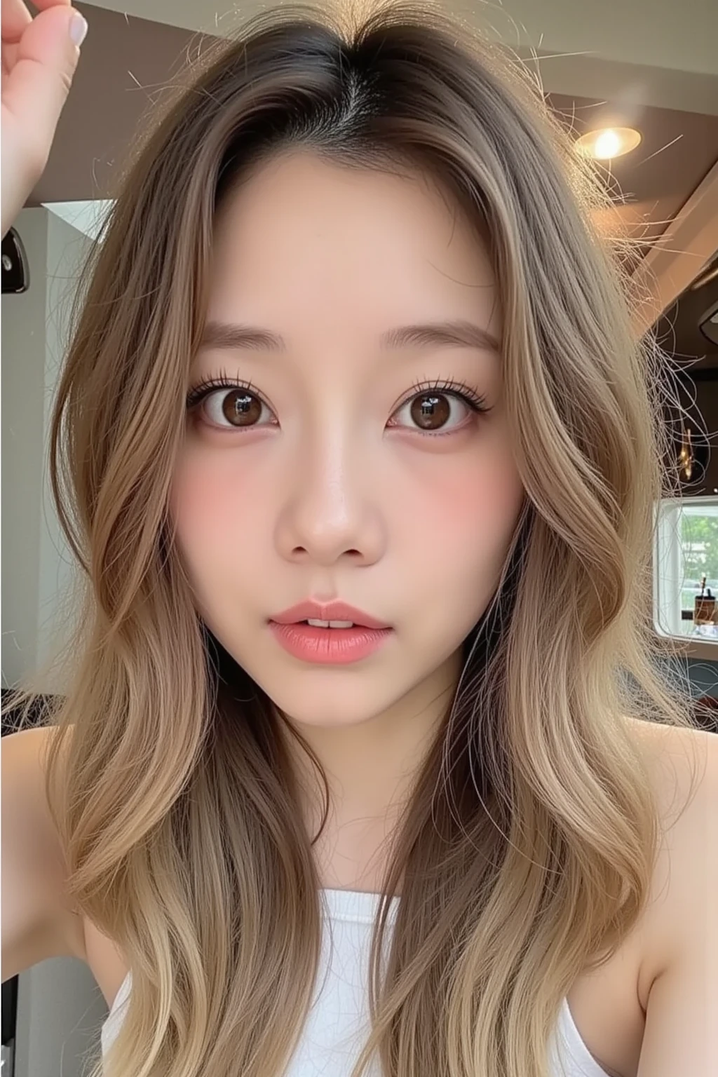 there is a woman taking a selfie in the bathroom mirror, Cindy Avelino, mai anh tran, nodded, bae suzy, Com franja, franja de cortina, a young Asian woman, brown hair Com franja, Southeast Asian with round face, lalisa manobal, franja fofa, imagem vazada, an Asian woman, beautiful asian girl