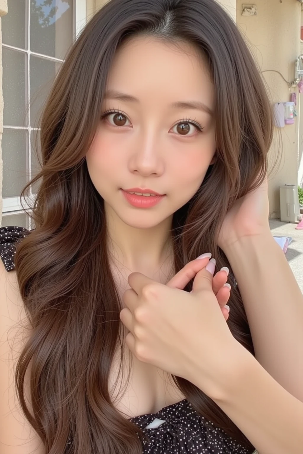 ((highest quality)), ((masterpiece)), (be familiar with), perfect face　cute　big breasts　long hair　brown hair　swimsuit　big eyes　double teeth