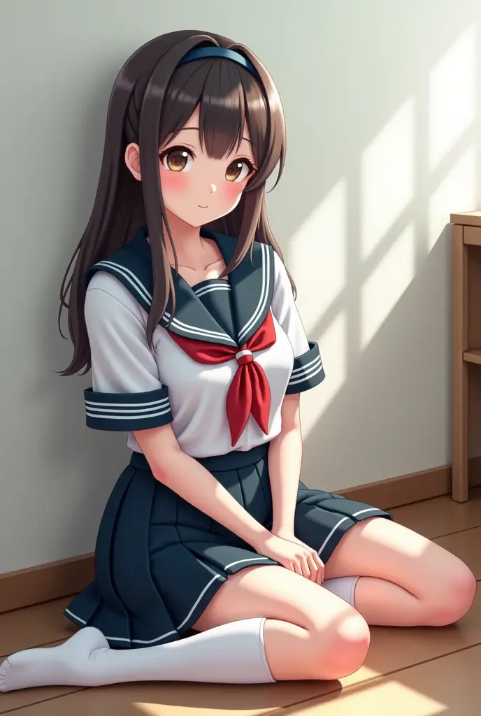 (((masterpiece, Highest quality, High resolution, 超High resolution, Perfect Pixel, Depth of written boundary, 4K, RTTX 10.0))), Beautiful Anime Woman, Beautiful art style, Anime characters, ((Smooth texture, Realistic texture, Anime CG Style)), Exact finger count、Exact number of legs、(Exact number of arms:1.0, Exact number of hands:1.0), (Perfect hands, Perfect Anatomy), Cinematic, Realistic, Extremely detailed CG, Daytime lighting, Perfect lighting, Best Shadow, The best natural light, whole body, Perfect body, バランのとれたPerfect body, Perfectly balanced style, Slender body, ((Long Hair, bangs, Reddish brown hair, Stylish twin tails)), ((A cute adult woman is holding her panties in both hands and showing them, holding panties, presenting panties:1.8)), ((Sailor suit tops, Sailor collar, White shirt, Navy pleated mini skirt:1.3), (Knee-high socks:1.3):1.3), (Beautiful and big breasts:1), (Very embarrassed look:1.5), blush, (School classroom, Desk and chair in the background:1.3), Angle from the front, (Lace light blue panties:1.45)

