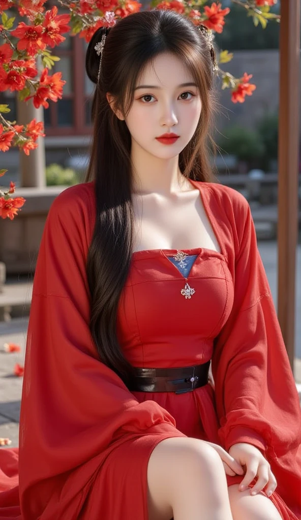 Close-up of a woman in a red dress posing for a photo, beautiful south korean woman, beautiful young korean woman, gorgeous young korean woman, korean girl, beautiful asian girl, Asian girl with long hair, glow red, 8k artistic german bokeh, Chinese girl, korean woman, Urzan, beautiful asian woman, Gorgeous Chinese model, high quality portraits
