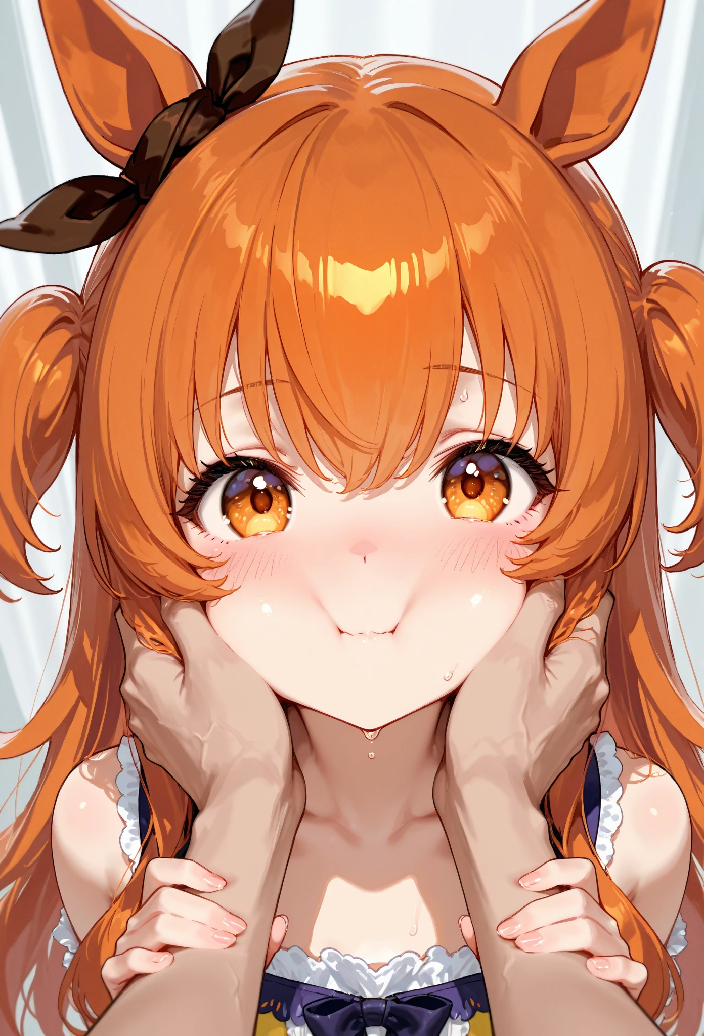 ultra detailed 8k cg, (masterpiece, best quality, ultra-detailed, highres:1.2), cinematic, cgi, photorealistic, 
1girl, pretty, (loli), blush, natural skin texture, beautiful eyes, 
intricate eyes, heavy eye makeup, 
beautiful, (masterpiece:1.2), (best quality:1.2), perfect eyes, perfect face, perfect lighting, 1girl, solo, (young woman), small breasts, female, white background , orange hair, low twintail hair, purple eyes, full body, young woman, black micro bikini, fake animal ears, blue bubble barrette, skimpy, nsfw, ( Expressionless), perfect naked body, cum, bukkake, beautiful, (masterpiece:1.2), (best quality:1.2), perfect eyes, perfect face, perfect lighting, parted lips, (1girl), (bukkake ), bukkake, (cum on face), top down view, laying on bed,