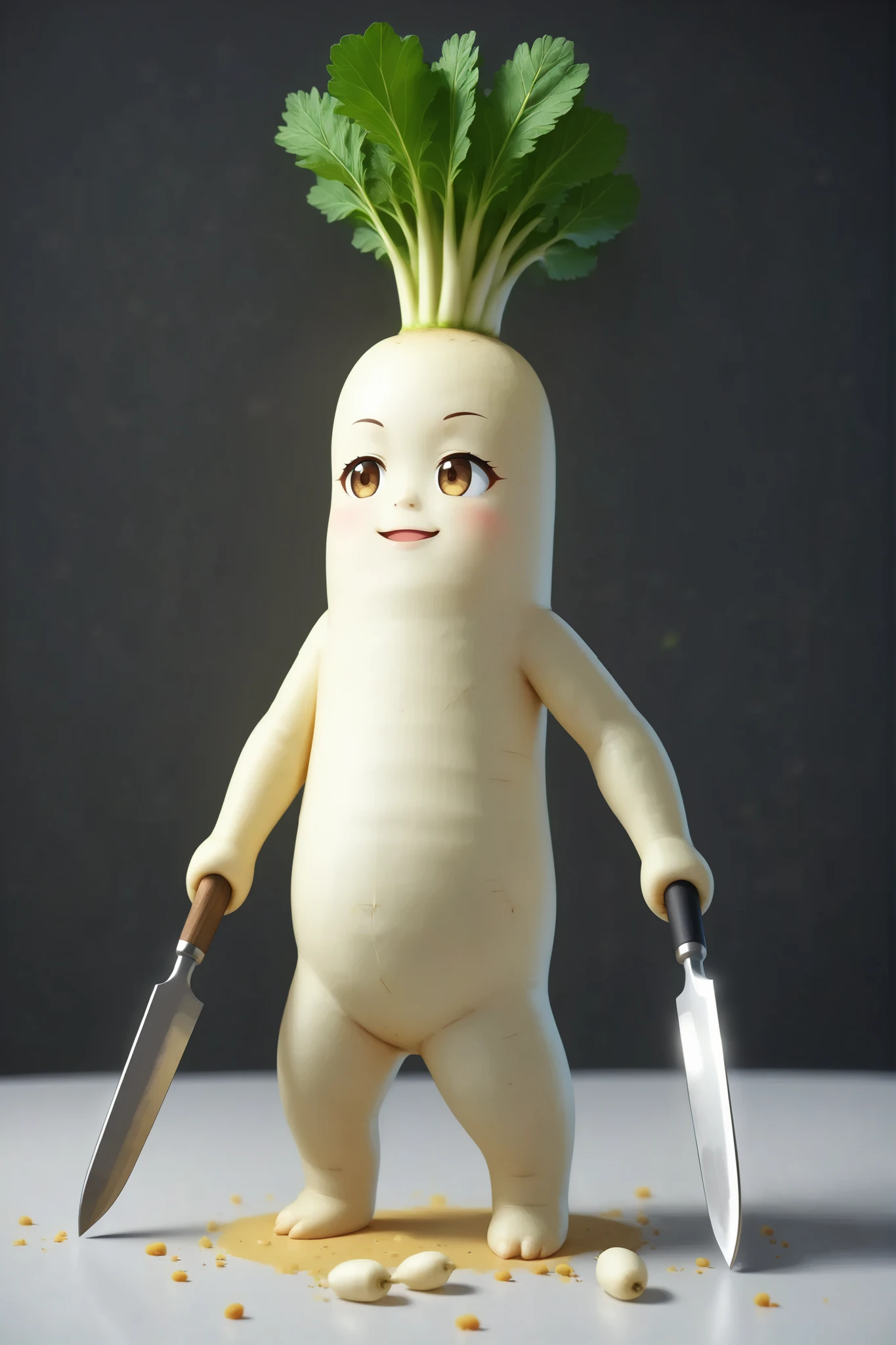 Amazing daikon animation, SFW art is modeled with white DAIKON, An elaborate and aesthetic world, ridiculous, a beautiful daikon, one, mixed atlas, the daikon evolute to beautiful woman, ninja armor and wield, cooking knives,