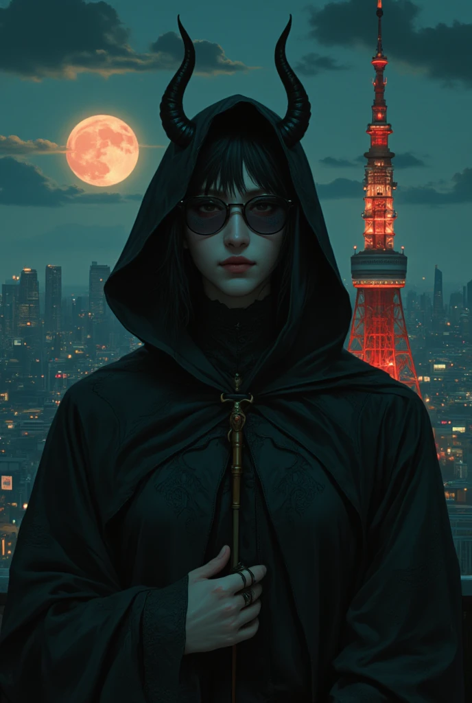 ((top quality、masterpiece、high sensitivity、high resolution、detailed depiction、Delicate Facial Description、Ｆvalue：6.0),((Slender Woman、wearing glasses)),is advanced digital art、The devil with a black cloak、has a black heart、pierce that heart with an ice pick、Cool Beauty、sit on top of Tokyo Tower illuminated by the light of the full moon、dark fantasy worldview、