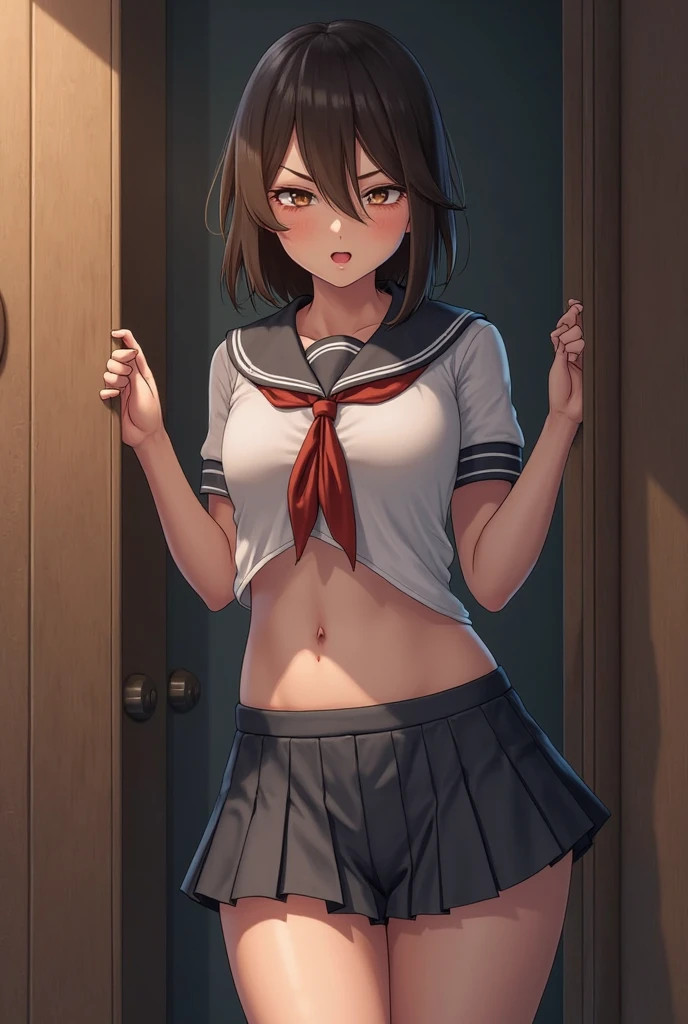 masterpiece, Highest quality, High resolution, MyMiku, short hair, teeth, , Red Bow,(Idol Costumes), Cowboy Shot, anger, Are standing, stage,Shirt open,Skirt up to the belly button,(Pussy in full view),Sweat,Creampie,semen