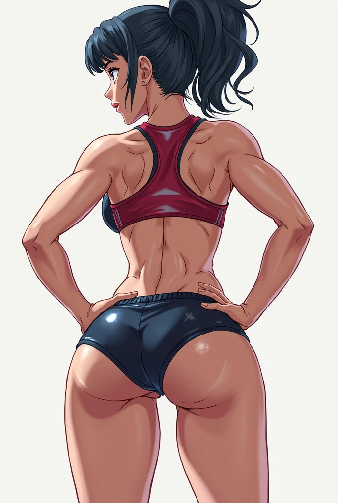 black hair, solo, sweaty, shiny skin, pale skin, athletic body, (1girl), curvy, thin waist, long hair, short shorts, navel, sports bra, shot from back, looking at viewer
