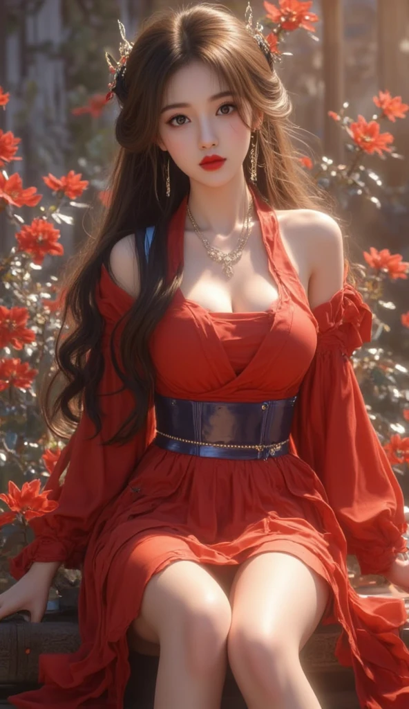 1 adult queen wearing a red blouse,White-haired girl with fox ears,Female fox pose,Chinese style clothes,Ancient costume with many phoenix patterns,Flawless pink face,Coronal head,hip-length black hair,Very nice sharp brown eyes,Small red lips,Draw lips,Keep one's mouth shut,Jewelry worn around the neck,耳Nipple Ring,White and even teeth,a tall nose,big round breasts, the girl's body is covered with water on chest,long leges,thin mesh black socks,sportrait,most realistic,HighestQuali,best pixels,8K Ultra,the night,(Transparent super big moon background:1.8)