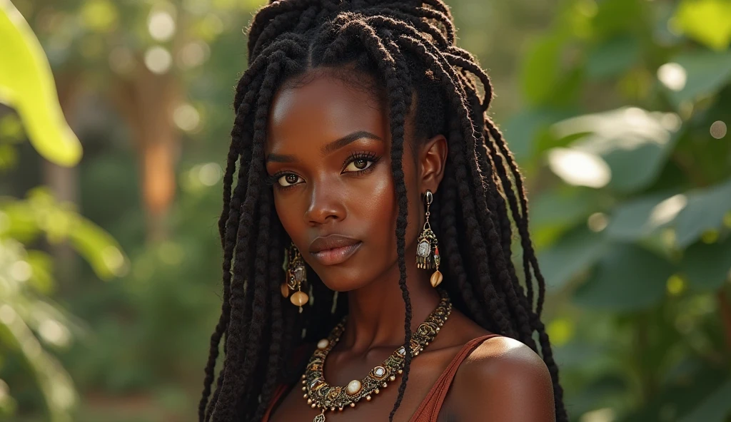 A stunningly beautiful African American woman with long brown dreadlocks with highlights on the ends in walking through the park looking sexy & sensual, realistic