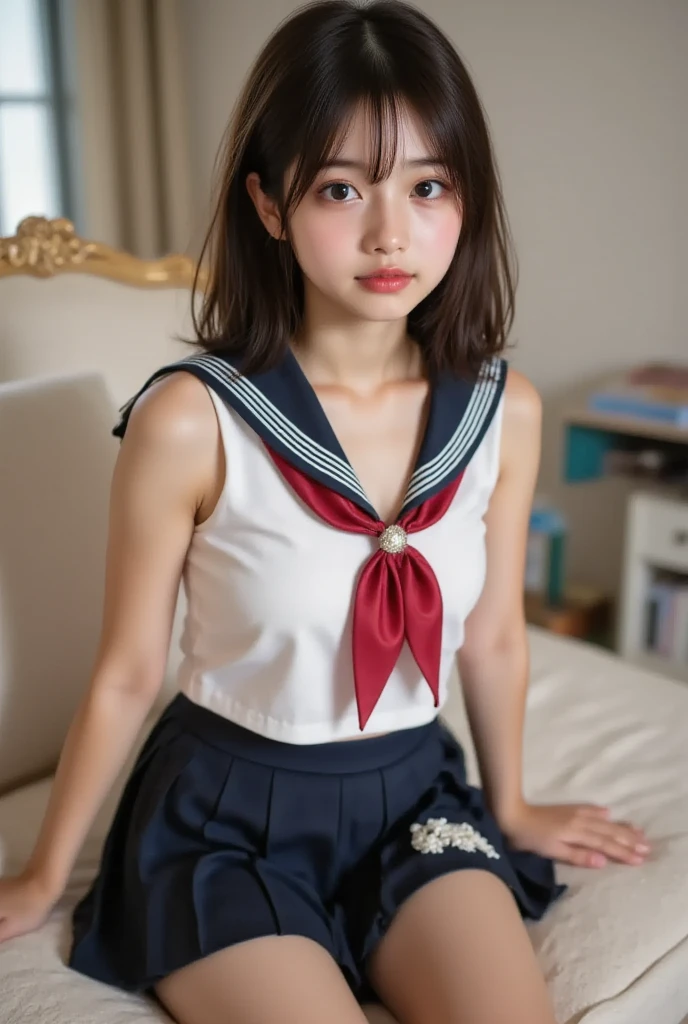 ((highest quality)), ((masterpiece)), (detailed), Perfect Face,13 years old,beautiful girl,SLR,Upper Body,Thin arms,Bedroom,Young face,Slim body,,Sailor suit,Summer clothes