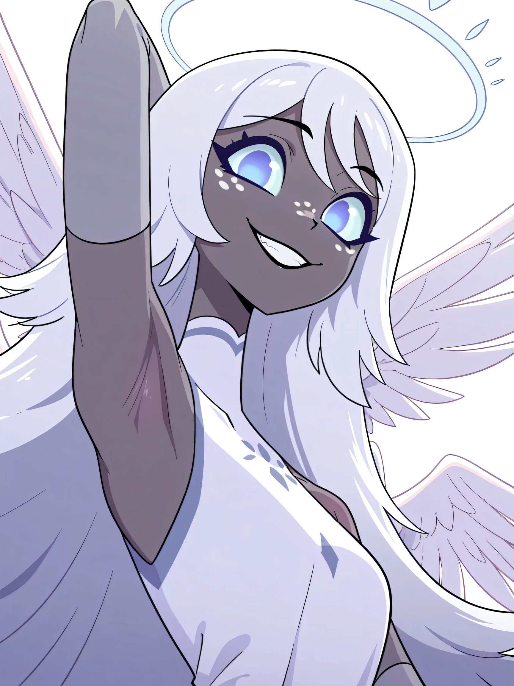 masterpiece, best quality, amazing quality, anime screencap, anime coloring, 1girl, solo, xemilyx, white hair, long hair, grey skin, freckles, blue eyes, no pupils, angel wings, halo, white dress, grey elbow gloves, turtleneck, bare shoulders, arm behind head, armpit, armpit focus, head towards viewer, (looking at viewer:1.2), direct eye contact, cheerful smile, teeth, from side, from below, white background, simple background, armpit up close, close-up of armpit