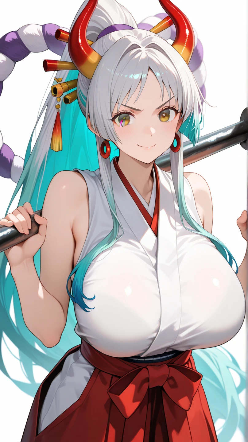 score_9,score_8_superior,score_7_superior,score_6_superior, yamato \(one piece\), One girl, alone, kimono, Multicolored Hair, jewelry, Earrings, No sleeve kimono, hair ornaments, kimono, Wrapping angle, Long Hair, They are, superiorper body, Confused face,？mark, rope, Huge breasts,huge ,Her nipples are peeking out from the gap on the side, Hairpin, No sleeve,Shimenawa, White Background, Mouth closed, hoop Earrings, Bare shoulders, Simple Background, ponytail