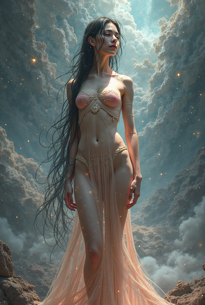 Perfect face, perfect body, masterpiece, Beautiful female cosmic entity, glowing hair, nude, naked, hourglass body, glowing orange eyes, dark blue skin, white freckles, showing pussy, masturbating, spreading legs, bioluminescent, full body, big breasts, perfect breasts