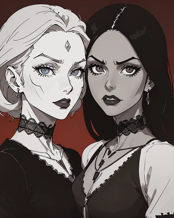 dark scene, Two girls, a mortal with long black hair with a hairstyle, a white-haired vampire with short hair, a vampire yet a mortal, vampire must wear a long and elegant dress, the mortal must wear casual clothes, they must be facing each other, fully body.