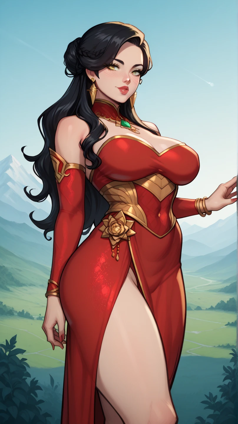 Lian, long brown hair, hair stick,bangs,green blue eyes, solo, smiling, standing, upper body, hips, bare shoulders,purple thighhighs,red dress, gold jewelry,armor,gloves,circlet, cleavage, red and gold royal castle, gigantic breasts, (best quality, masterpiece, beautiful and aesthetic:1.2, highest detailed face, perfect face,)  eyes, perfect face,expressive eyes,
looking at viewer, in the center of the image,(Upper_body),(Focus on her face),
official art,extremely detailed CG unity 8k wallpaper, perfect lighting,Colorful, Bright_Front_face_Lighting,shiny skin, 
(masterpiece:1.0),(best_quality:1.0), ultra high res,4K,ultra-detailed
