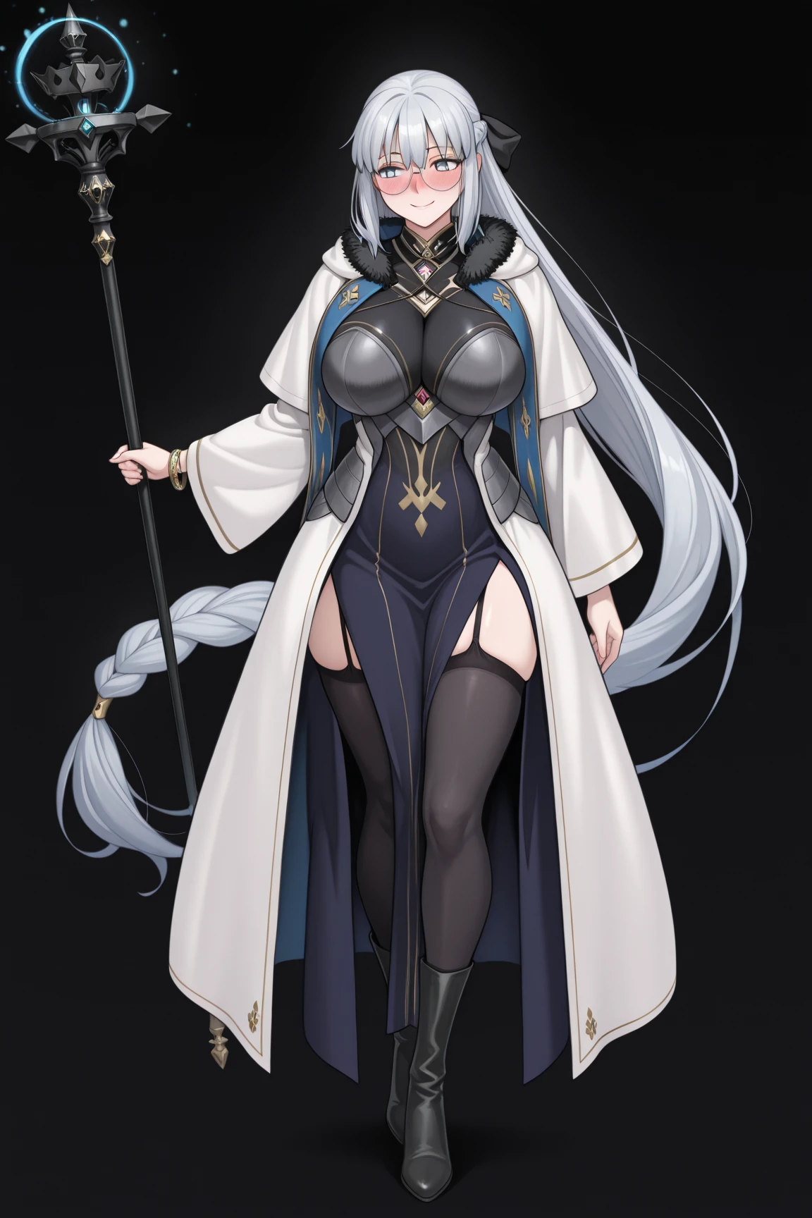 fantasy, 1girl,young_teen, ,silver_hair, short_hair, long_bangs, bare_shoulder,thighhighs,silver_armor, waist_armor, large_breasts,half_eyes,floating, bare_crotch, headgear,gauntlet, greaves,city_background,slightly_spread_legs, solo, groin_naked,hair_over_one_eye,