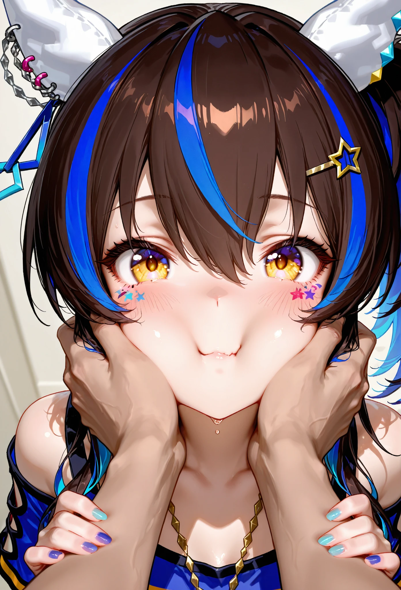 1Girl, daitaku helios (umamusume),umamusume,horse girl,bottomless,tears,smile,double v,sitting, spread legs,after sex,cum,condom in mouth,cowboy shot,straight-on, shiny skin,simple background, on bed,dark, masterpiece, best quality,very aesthetic, mid, recent