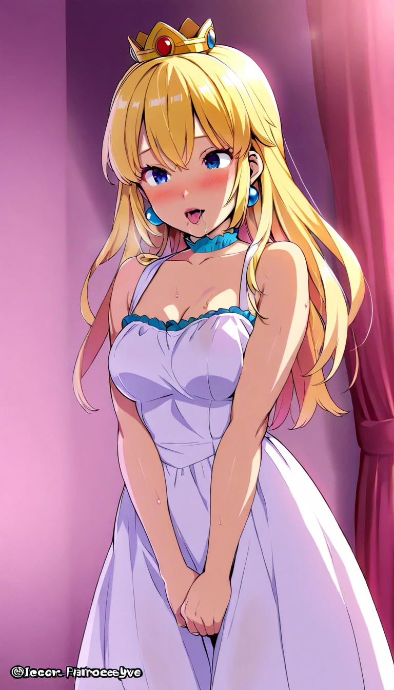 nude young girl with blue eyes, blonde hair and with very large breasts and a very thin waist in a pink see-through t-shirt, short pink wee-through skirt and twintails standing with a puffed up chest and arched back, smiling while looking at the viewer. She is standing in front of a bed covered in pillows in a palace bedroom. She wears a jewel navel piercing, and long golden chain earrings. Prison shackles is hanging from the wall.