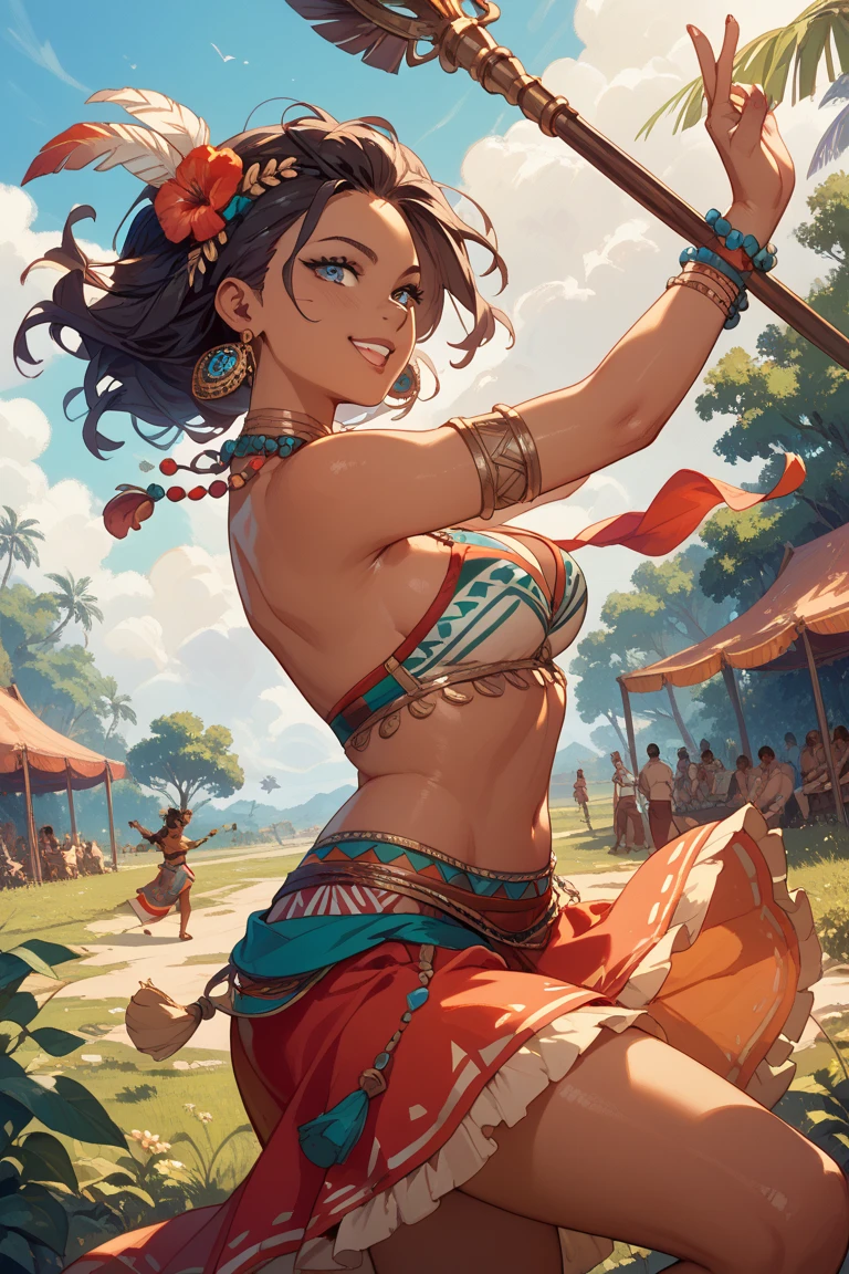 In the jungle、grassland、Amazoness、Girl、Girl、Pussy、Indian、Both eyes open、National costume、Brown skin、Small breasts、Nipples、Butt、Thighs、dance、belly button、Spectators、sunlight、pants、Healthy Skin、Black、Have fun
