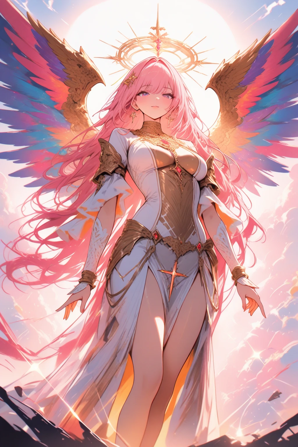 Rose Quartz , DarkElfgirl (Dynamic Angle:1.4), ((Pose de cuerpo entero:1.5), (De color:1.2), (fondo de pantalla extremadamente detallado de la unidad CG 16k:1.1), (Fuerza que elimina ruido: 1.45), (tObra maestra:1.37), ((Arte Oficial)), (De color:1.2), Todo el cuerpo es de color amarillo dorado, suspendido en el aire, sim, Big Wings, Dios Rayos, destellar, Luz brillante, ((Obra maestra)), ((La mejor calidad)), UHD, Galardonado