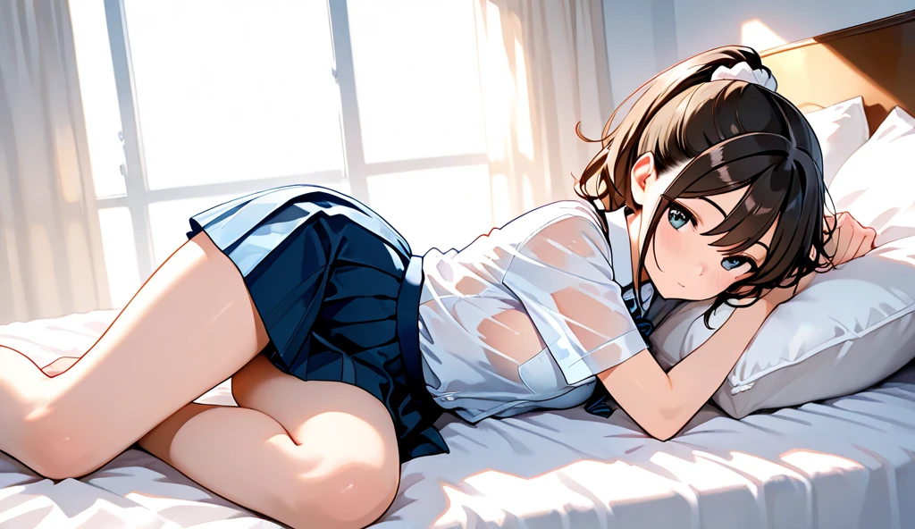 1 girl, best quality, tmasterpiece, beautiful, detailed eyes, HD, extremely detailed, visually inspect the audience, brown hair, (((solo:1.1))), mouth sticking out tongue, the face is slightly red, is shy, blush, full bodyesbian, adorable, Lori small breasts cleavage, white dress, (sitting on his knees on the bed:1.4),