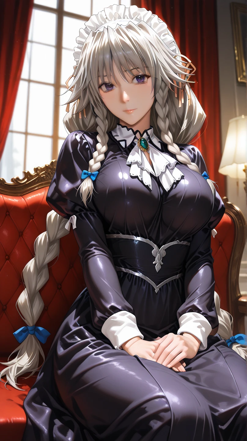 High detailed, kimtag, 1 girl, light green  colored eyes, sepia colored hair, long hair, curtain Bangs, busty, plump body, pink genetics's uniform, Juliet sleeves, ribbon, deep cleavage, white skirt, genetics's uniform, juliet sleeves, Ribbon, genetics's uniform, busty