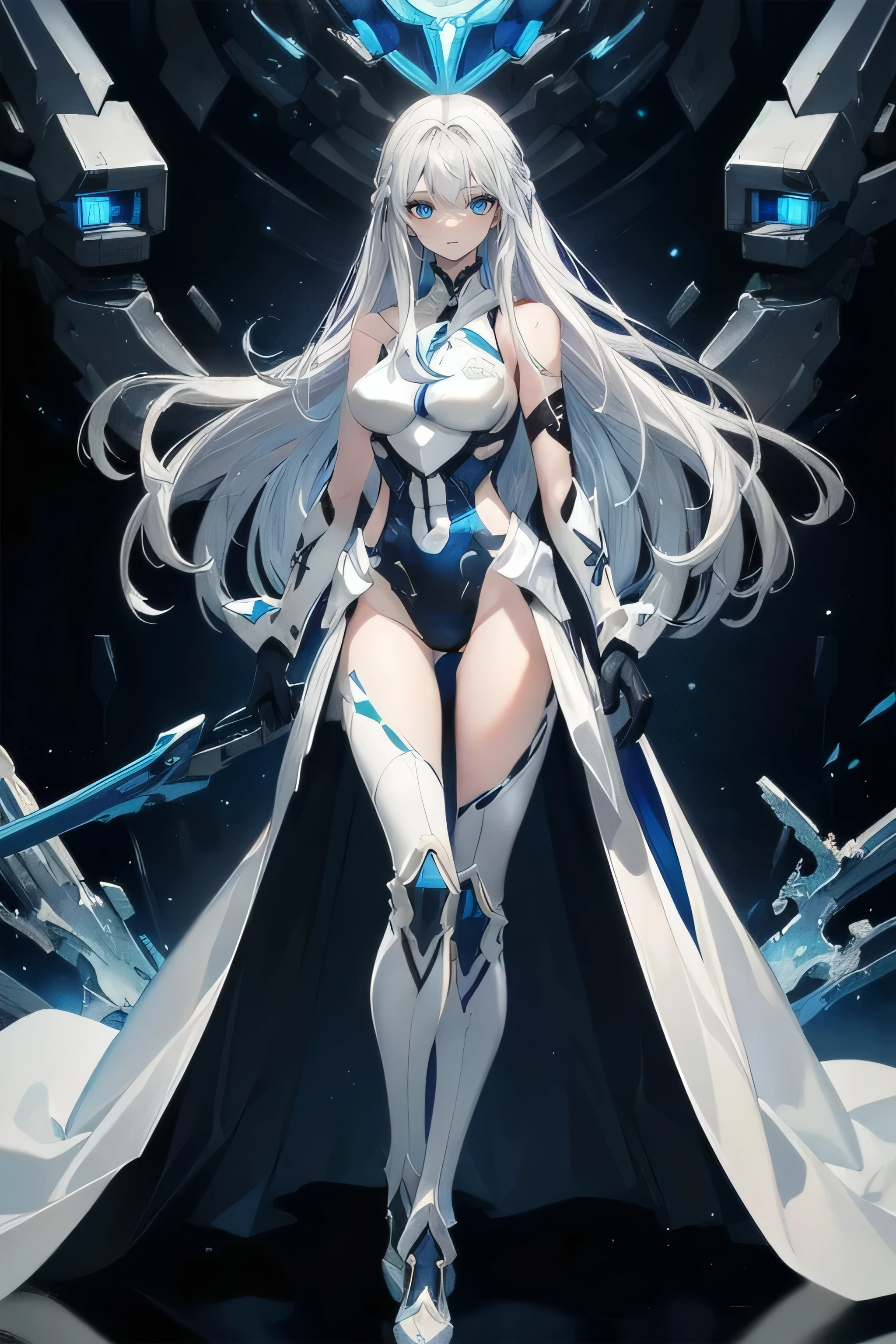 naked, standing, Super powerful bright blue effects, long white hair, busty, bright orange eyes, woman, adult [futuristic dome]