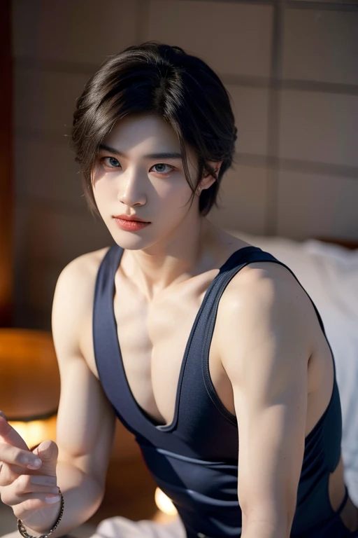 16-year-old brown man with blue hair wearing a black tank top and an anime-style silver necklace