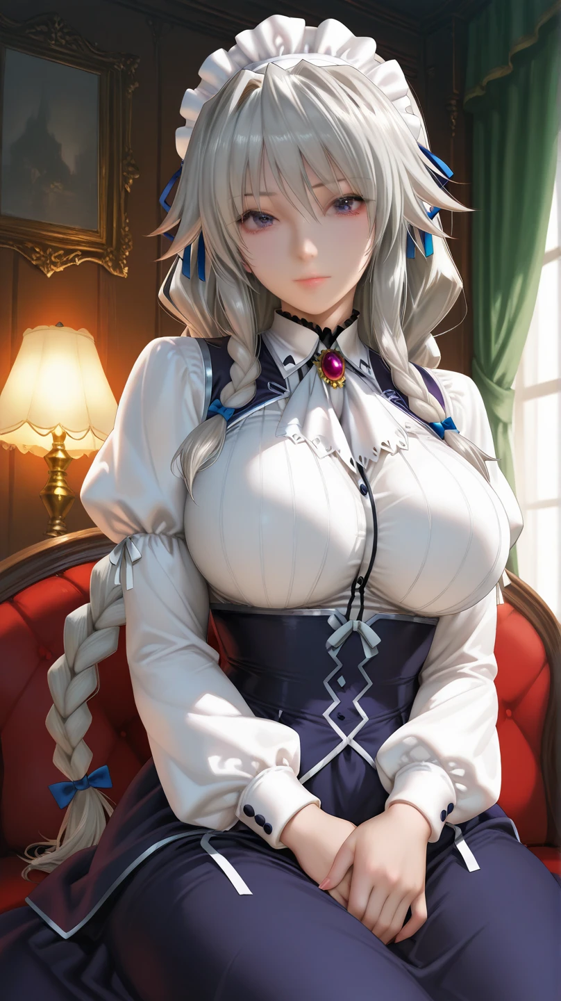 best quality, masterpiece, overexposure, curtain, loli, student, bunches, ponytail, big breasts, stand, arms behind back, photo, real, --auto --s2