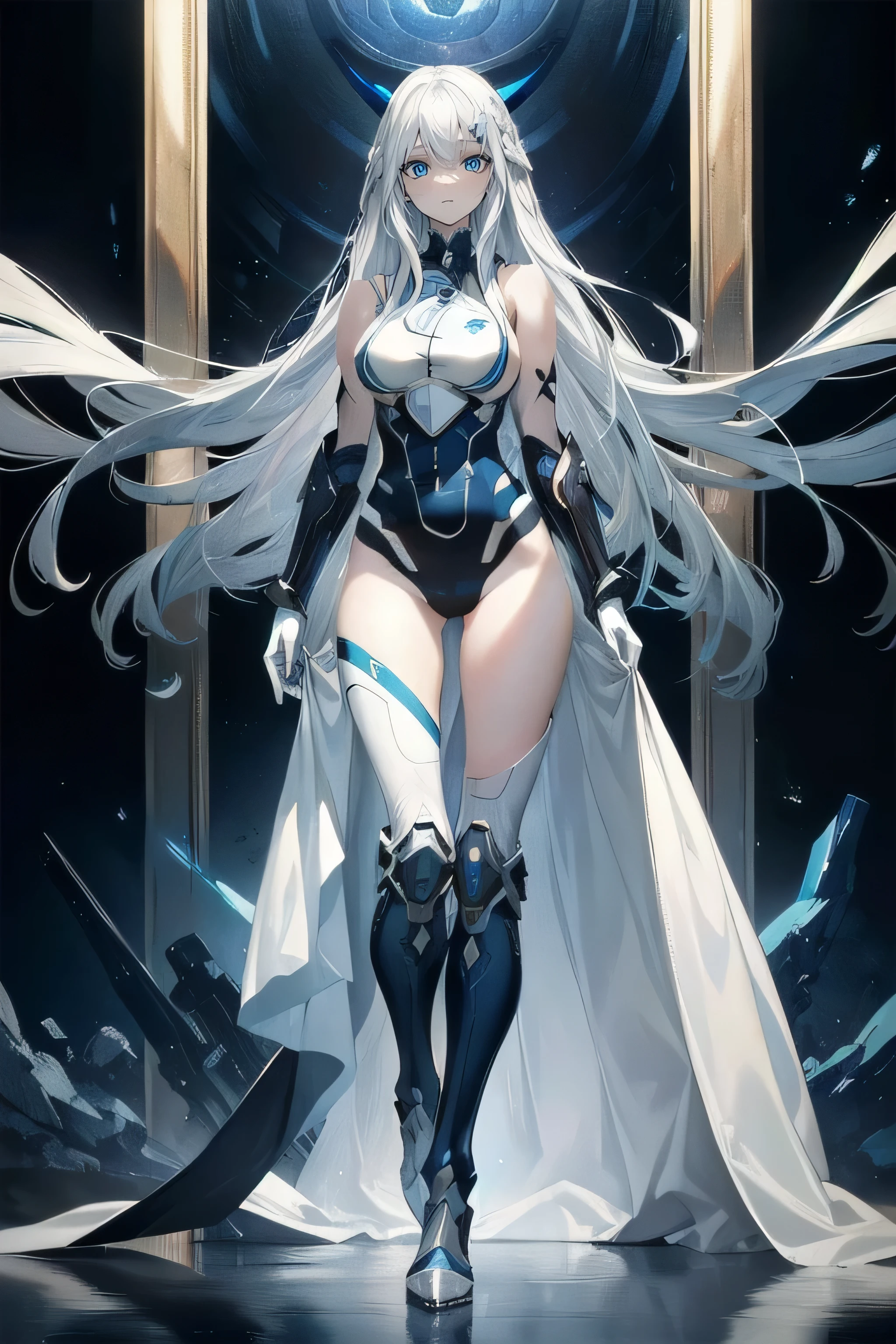 Slender beautiful girl、(White and blue futuristic space station background):1.2、Tight-fitting bodysuits of the near future、hight resolution、top-quality、The ultra-detailliert、Fine details、Does not blush cheeks、knee high、Undersized breasts、shorth hair、head phone